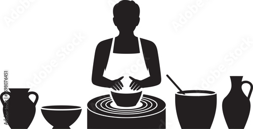 Pottery Creation Silhouette with Craftsman Shaping Clay into Vases and Bowls Artistically