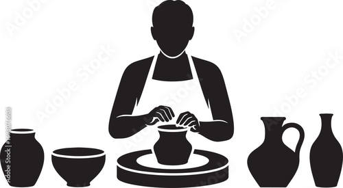 Pottery Wheel Silhouette with Craftsman Shaping Clay into Vases and Bowls Artistically