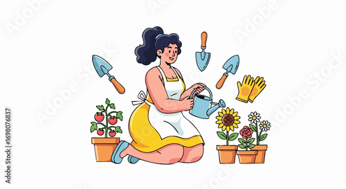 Happy Plus Size Woman Gardener Watering Plants.