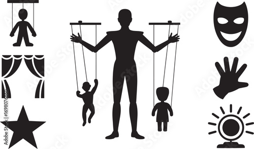 Puppet Master Silhouette with Marionettes, Masks, and Stage Elements for Performance