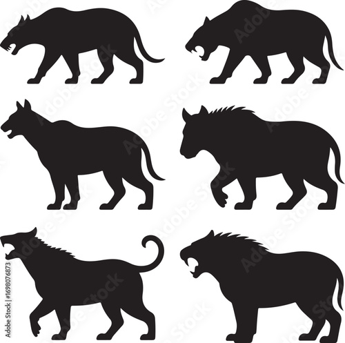 Set of Black Silhouettes of Feline and Canine Predators on White animal big cat