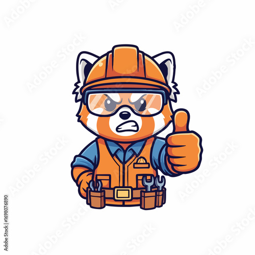 Cartoon red panda construction worker with thumbs up gesture.