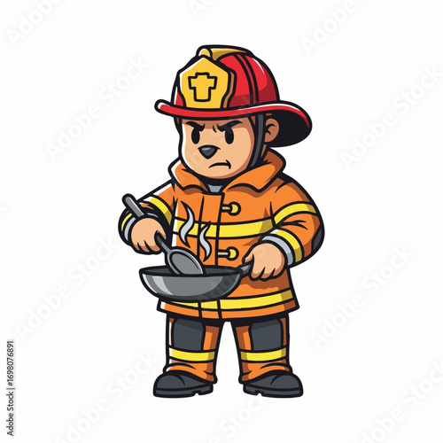 Determined Cartoon Firefighter Character Cooking Meal in Frying Pan with Spoon.