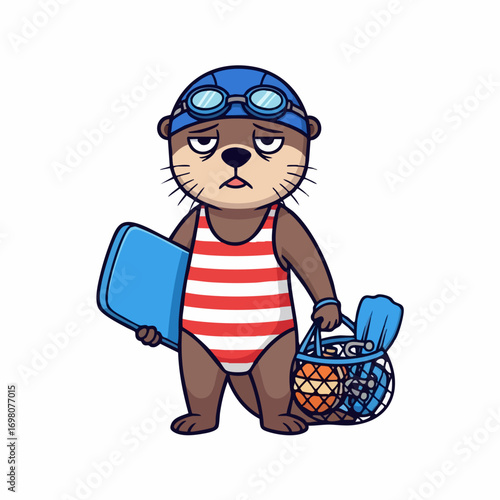 Tired cartoon otter in swimsuit ready for swimming lessons.