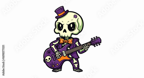 Cartoon skeleton playing electric guitar with top hat and bow tie.