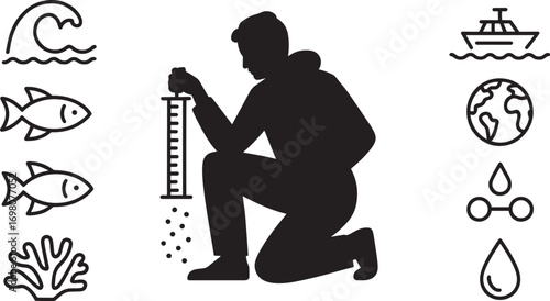 Researcher Silhouette Analyzing Water Samples with Aquatic Icons on Transparent Scene