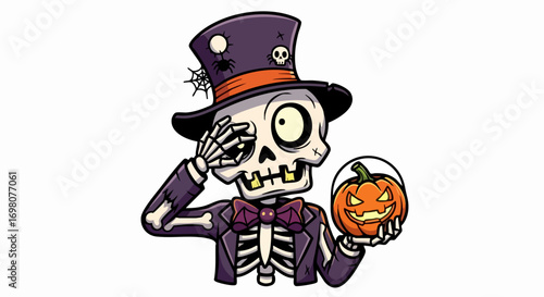 Cartoon Skeleton with Top Hat and Jack-o-Lantern for Halloween.