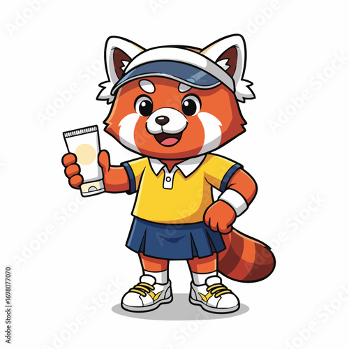 Cute Red Panda Character in Sports Attire Holding a Drink.