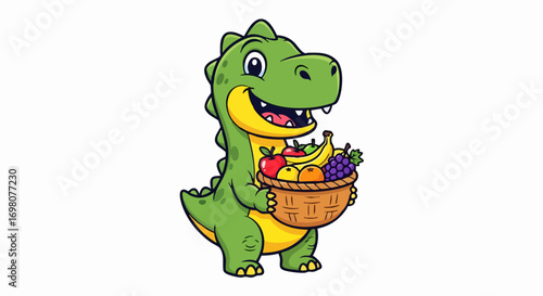 Cute green cartoon dinosaur holding a basket full of fresh fruits.