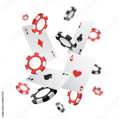 Falling casino chips and aces with blurred elements, vector illustration 10 eps.