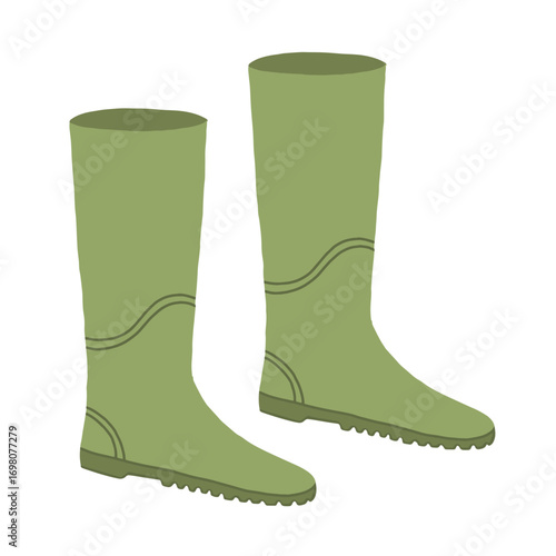 Hand drawn pair of green rain boots vector illustration. Safety shoes. Waterproof shoes. Wellingtons, wellies flat graphic vector illustration