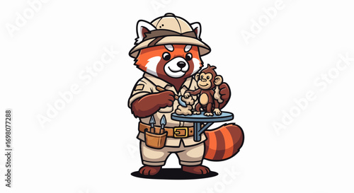 Cartoon red panda explorer with monkey figurine on a table.