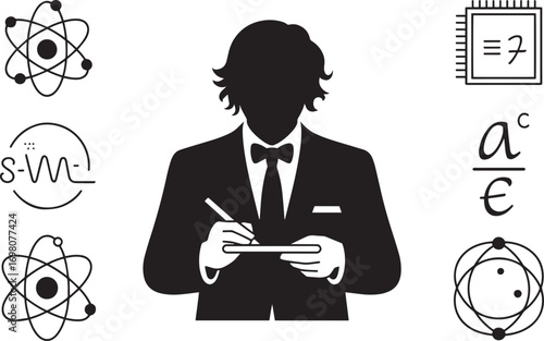 Scholar Silhouette with Scientific Symbols and Equations on Transparent Background for Education