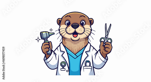 Friendly Otter Doctor Cartoon Holding Medical Instruments.