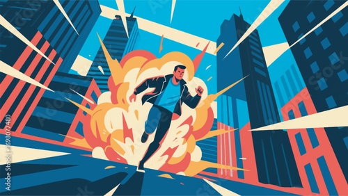 illustration of a man running away from a large explosion in the middle of a building vector design template