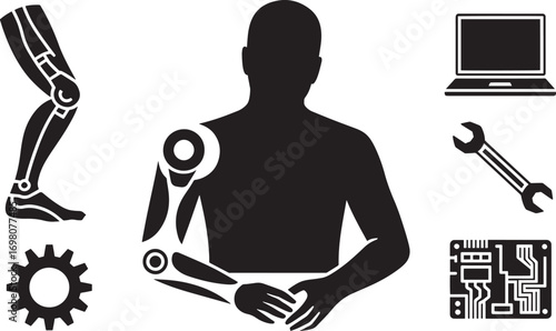 Robotics Silhouette with Bionic Arm and Circuit Board Illustration for Technology