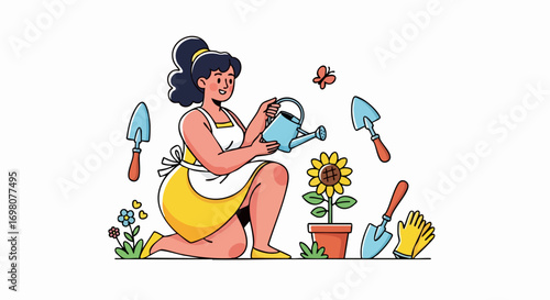 Woman Gardening with Watering Can and Tools.