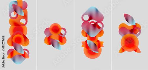 Abstract artwork displays four panels. Each features overlapping translucent shapes, gradients shifting from red to blue. Minimalist design, soft colors.