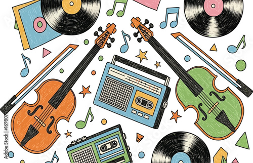 Vintage musical instruments and audio equipment.