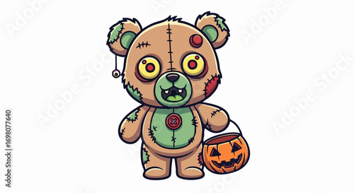 Cute Zombie Teddy Bear Holding Halloween Pumpkin Bucket Illustration.
