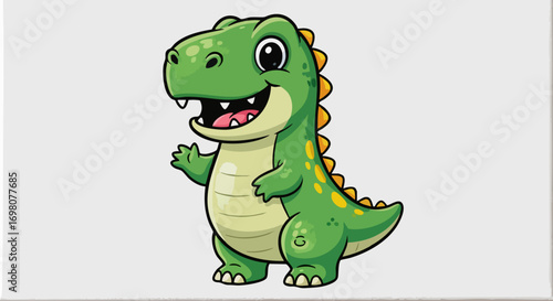 Cute Cartoon Green Dinosaur Waving Happily.