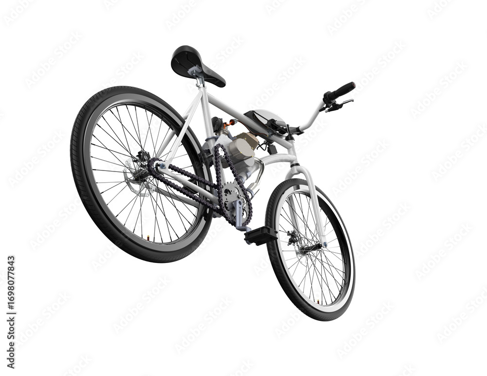 Obraz premium Custom Built Moped-Style Motorized Cruiser Bike Illustration. Power Assisted White Bicycle Side View Rendered in 3D for Commuting Lifestyle Concepts, Isolated on HD Transparent PNG Background.