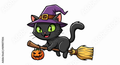 Adorable black cat in witch hat flying on broomstick with pumpkin.