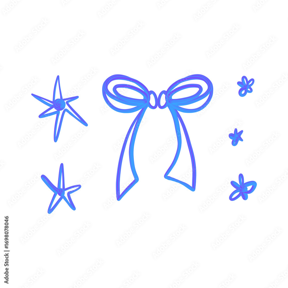 Fototapeta premium Hand drawn blue glowing bow and star elements for festive decorative designs and celebrations isolated on transparent background Hand Draw Line ART