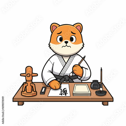 Cartoon fox in karate gi practicing Japanese calligraphy at a desk.