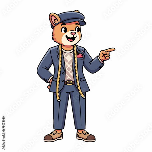 Cartoon hamster tailor in a suit pointing with measuring tape.