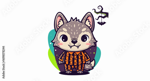 Cute Cartoon Werewolf Character Wearing Pajamas for Halloween.