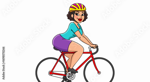Cartoon woman cycling with a helmet and sporty attire.