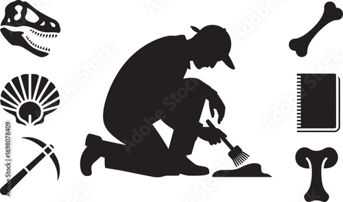 Silhouette of a Paleontologist Excavating Fossils with Tools and Dinosaur Bone Icons