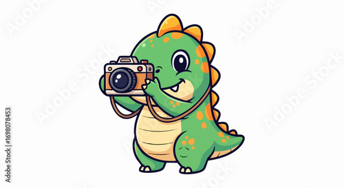 Adorable Cartoon Dinosaur Photographer Capturing Moments with a Camera.