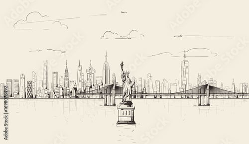 New York skyline in sketch drawing style on a soft brown background. Vector illustration