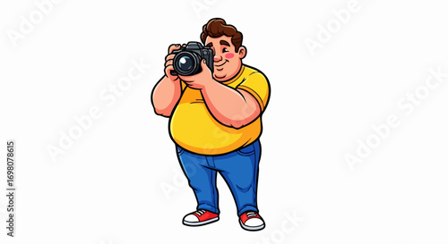 Cartoon man holding a camera taking a picture hobby photographer.