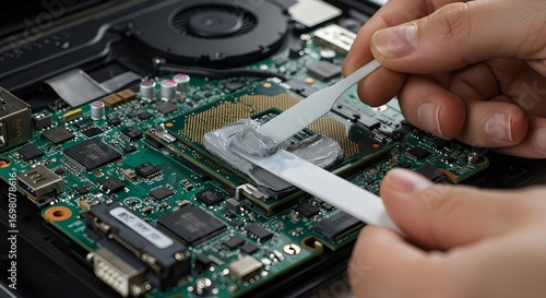 Applying thermal paste on a laptop CPU for repair and maintenance, close-up view of precise computer hardware servicing.