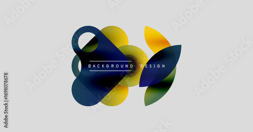 Abstract shapes overlap, creating vibrant color gradients. Design features text elements, simple background. Modern aesthetic.