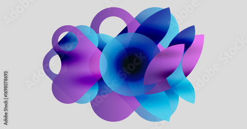 Abstract shapes overlap, creating floral impression. Blue, purple hues dominate neutral background. Fluidity, depth evident.