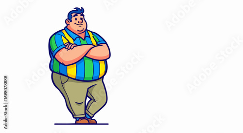 Confident Stout Man Cartoon Illustration with Arms Crossed.