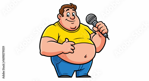 Cartoon Chubby Man with Microphone - Comedian or Performer Illustration.