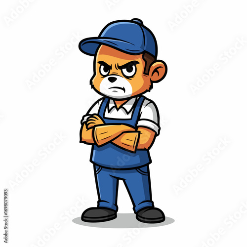 Angry cartoon bear mascot character in a blue worker uniform.