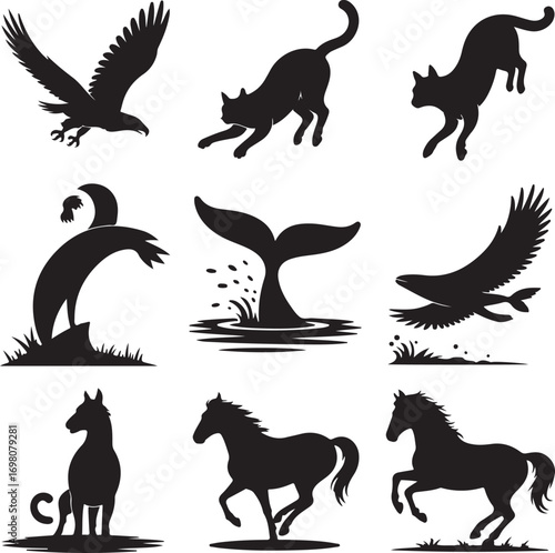 Collection of nine black animal silhouettes including eagle, cat, and horse whale tail