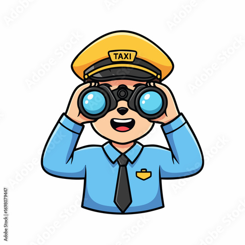 Cartoon taxi driver character looking through binoculars with a happy expression.