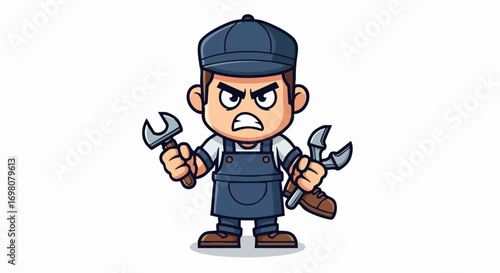 Cartoon mechanic with angry face holding wrenches ready to work.