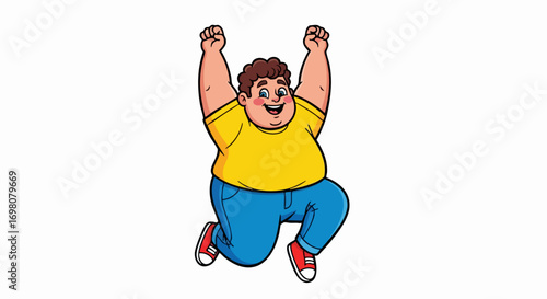Happy overweight man jumping for joy cartoon illustration.
