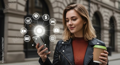 Fototapeta Naklejka Na Ścianę i Meble -  Woman using smartphone with digital icons overlay holding coffee on a city street background