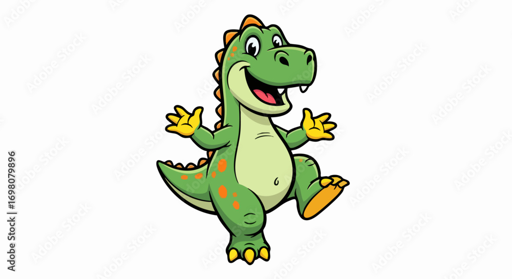 Fototapeta premium Happy green cartoon dinosaur character dancing joyfully.