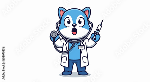 Cute Cartoon Blue Cat Doctor with Stethoscope and Syringe.
