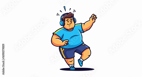 Happy overweight man dancing with headphones enjoying music.